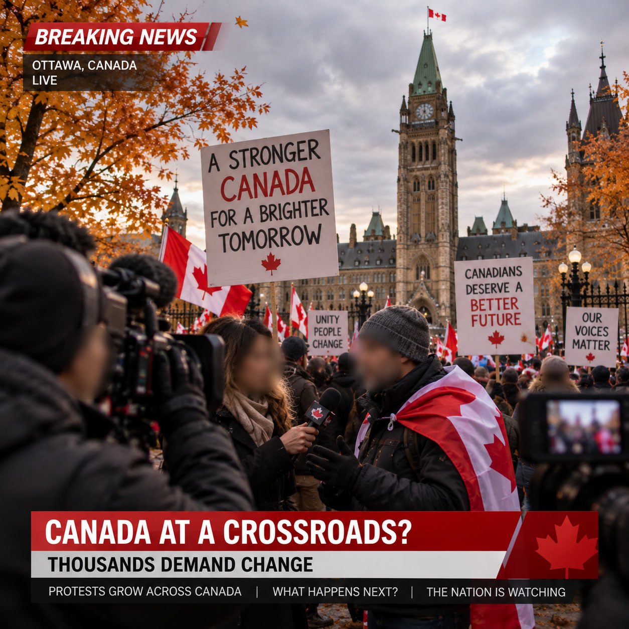 Editorial scene of Canadian flags, media crews and Parliament buildings